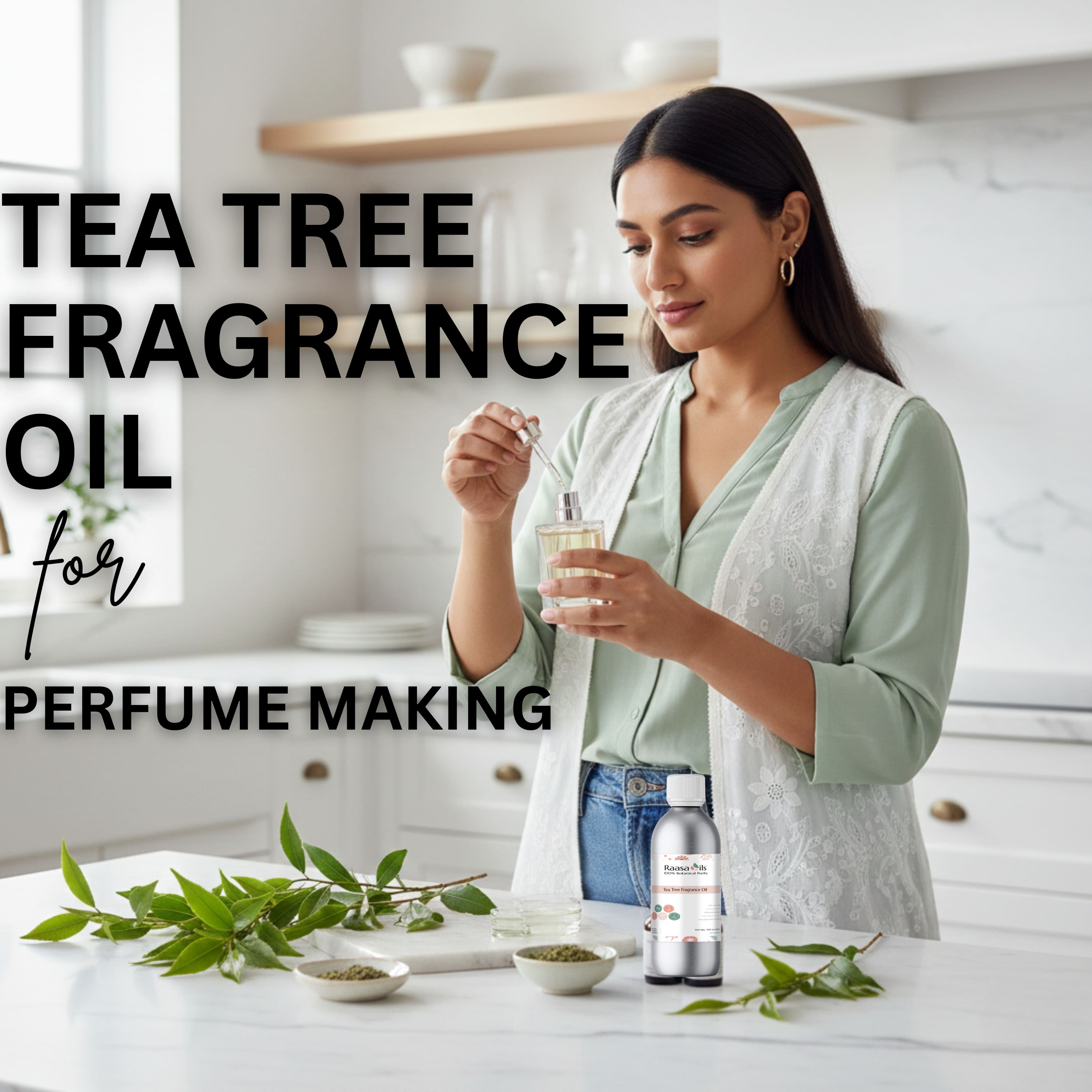 Woman in a kitchen with tea tree fragrance oil and ingredients, text overlay about tea tree fragrance oil for perfume making.