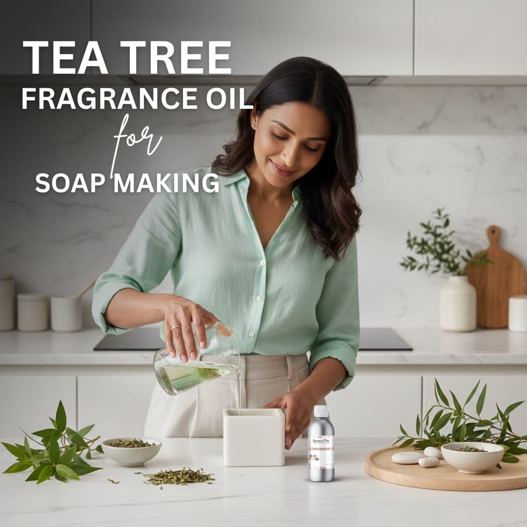 Woman in a kitchen preparing soap with tea tree fragrance oil, surrounded by greenery.