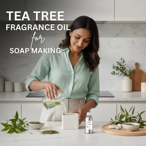 Woman in a kitchen preparing soap with tea tree fragrance oil, surrounded by greenery.