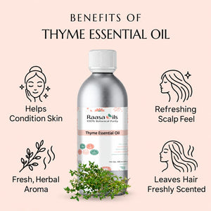 A bottle of Raasails Thyme Essential Oil centered on a pale pink background, surrounded by black line icons and text describing benefits for skin, scalp, and hair. Fresh thyme leaves are placed at the base of the bottle.