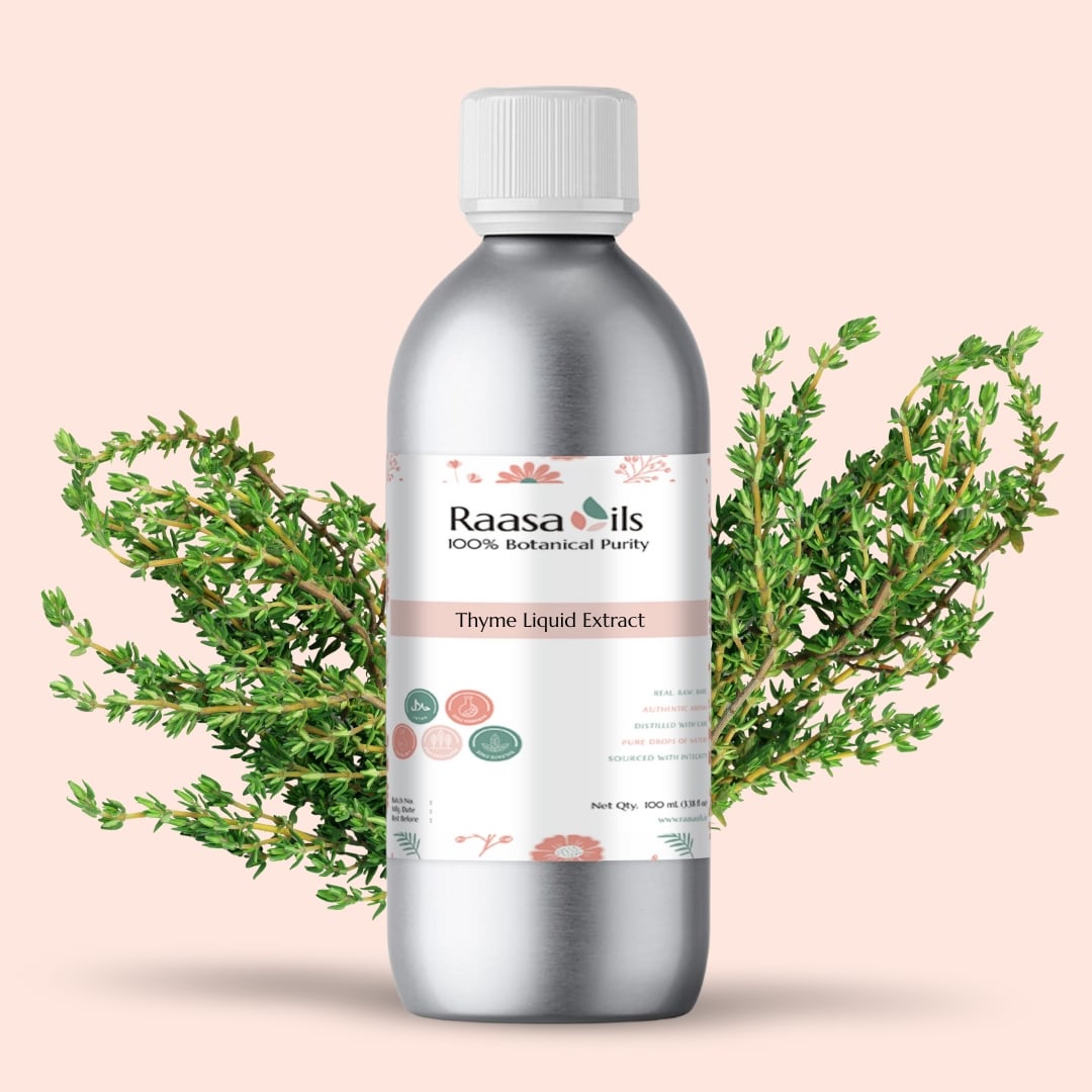 Bottle of Raasa Oils Thyme Liquid Extract with thyme branches on a light pink background
