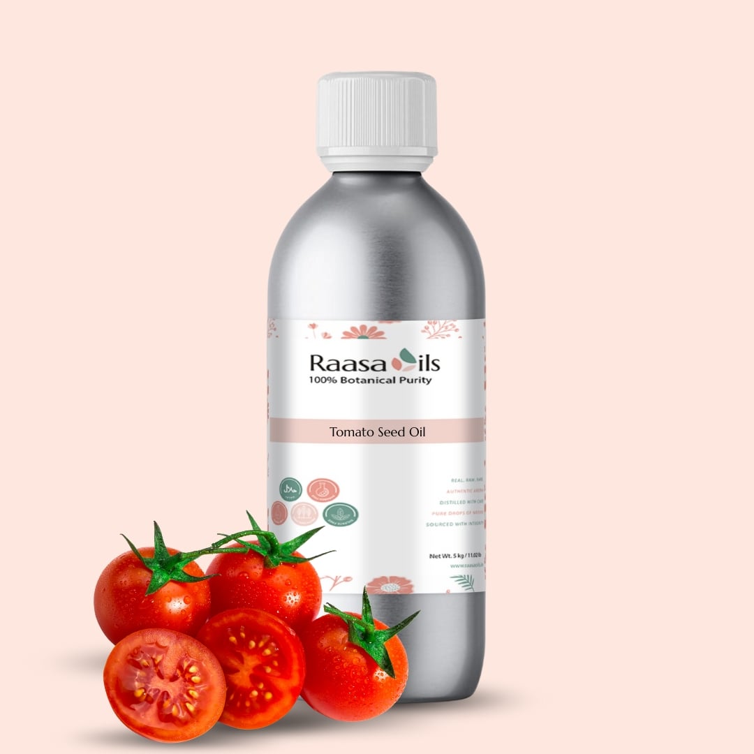 Bottle of Raasa Oils Tomato Seed Oil with tomatoes on a beige background