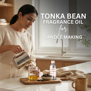 Woman pouring liquid into a jar with text about Tonka bean fragrance oil for candle making.