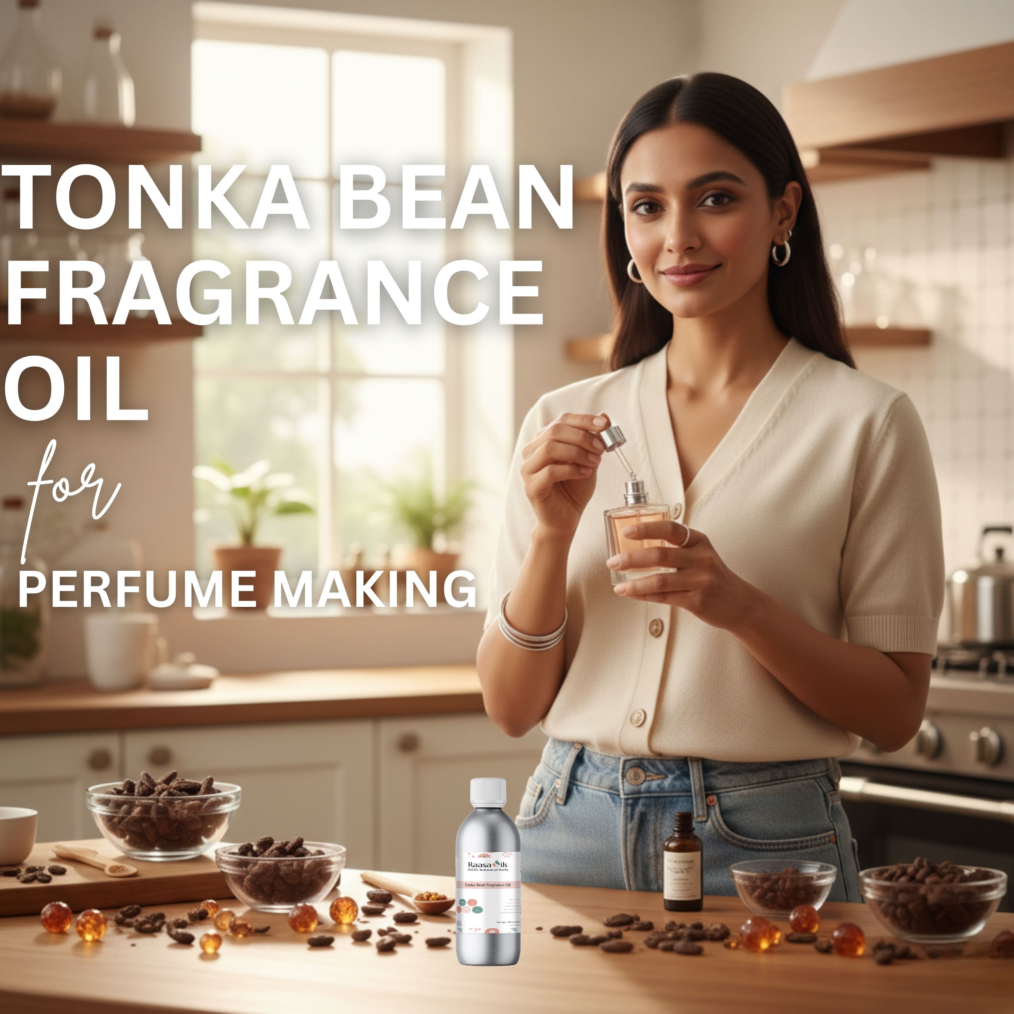 Woman holding a bottle of Tonka Bean fragrance oil in a kitchen setting.