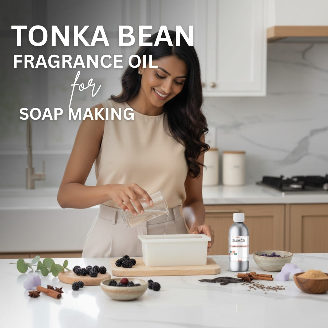Woman in a kitchen preparing soap with Tonka Bean fragrance oil, featuring a bottle of the product.