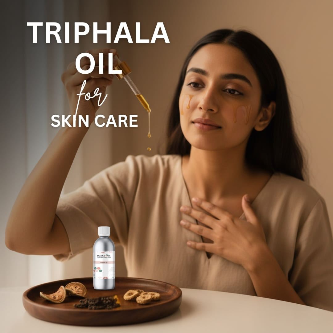 Woman applying Triphala oil to her face with a dropper, surrounded by Triphala ingredients on a wooden tray.