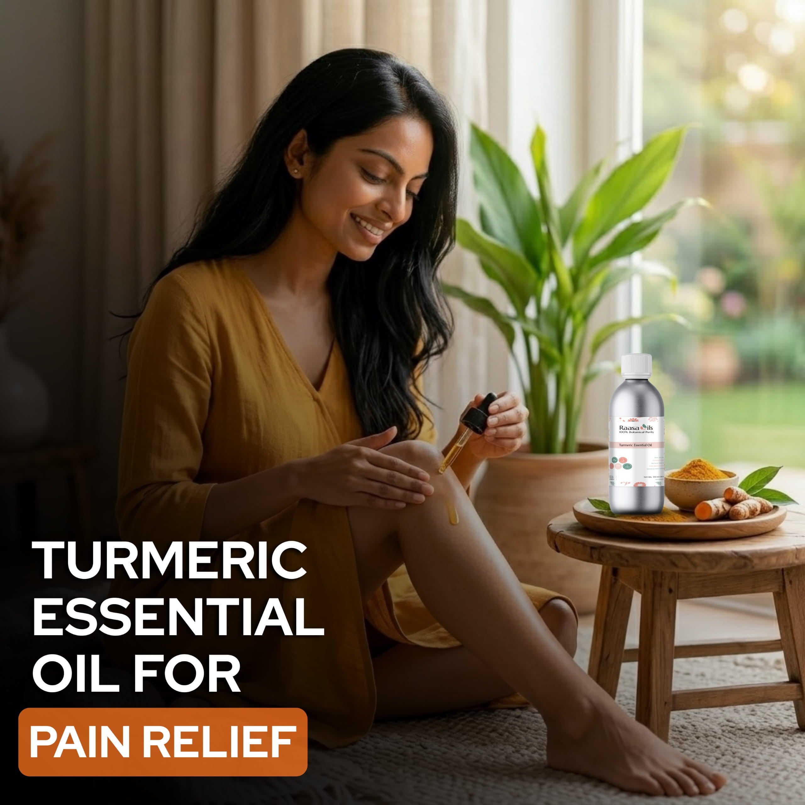Woman applying turmeric essential oil to her leg with a bottle of oil on a small table.