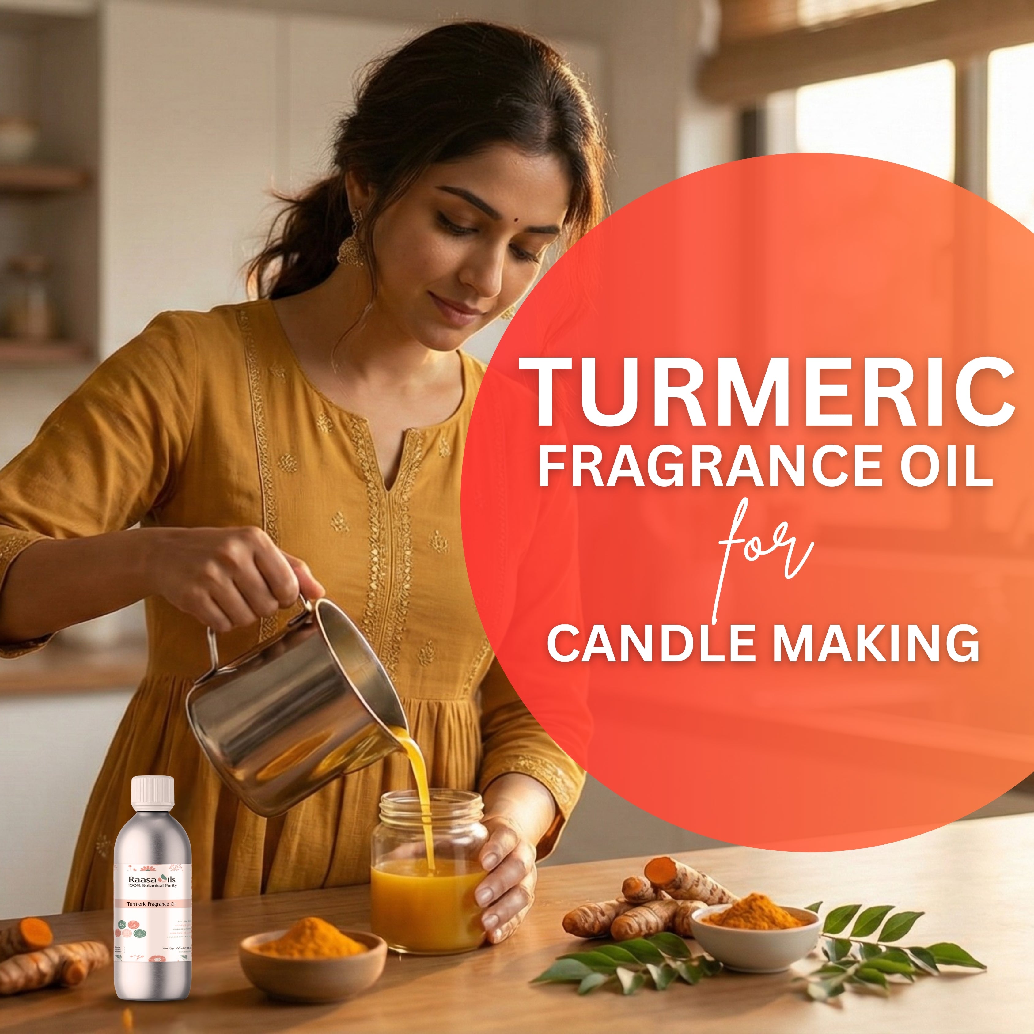 Woman pouring a liquid into a jar with turmeric and other ingredients on a table, promoting turmeric fragrance oil for candle making.