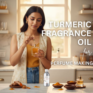 Woman holding a bottle of turmeric fragrance oil with ingredients on a kitchen counter.