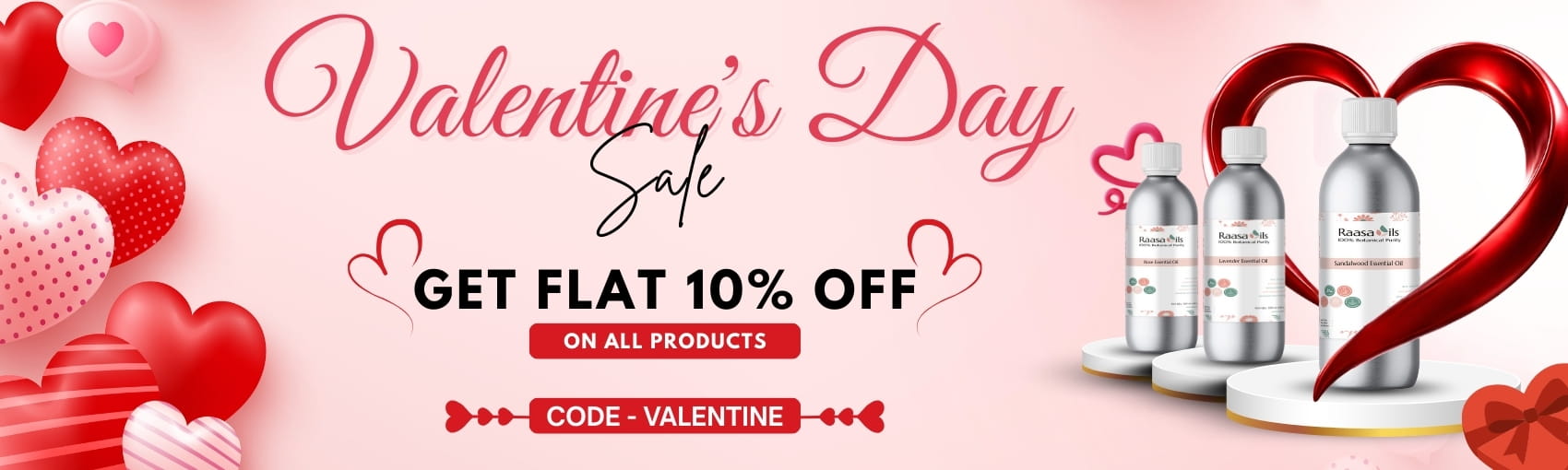 Valentine's Day sale banner with skincare products and heart designs on a pink background.