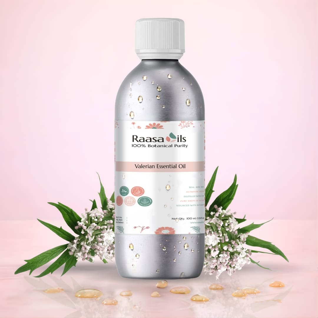 Raasa Oils Valerian Essential Oil bottle with flowers on a pink background