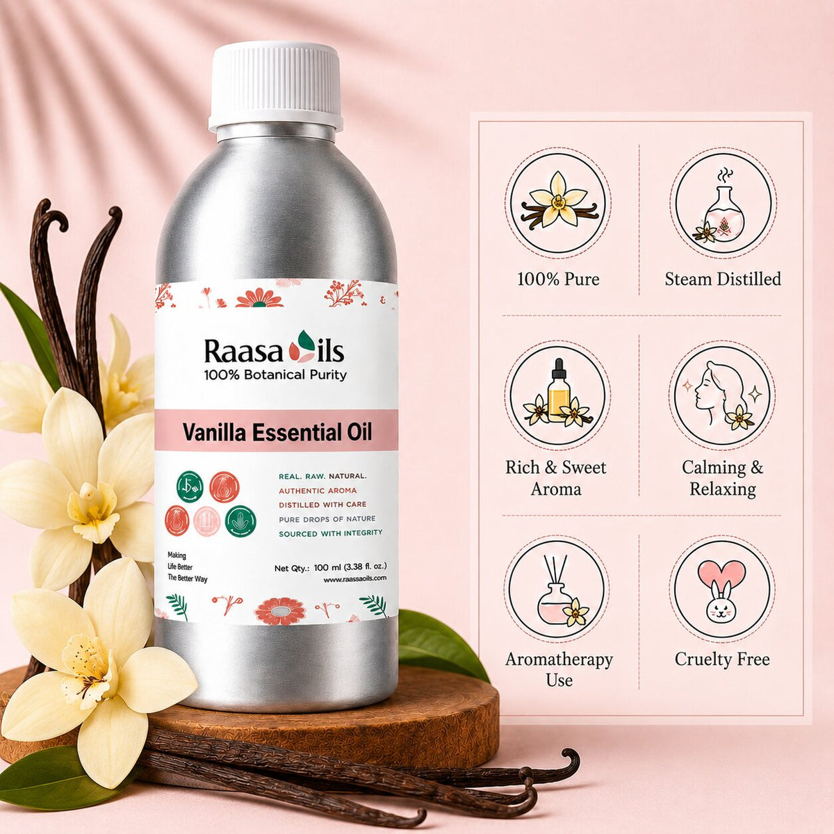 A bottle of Raasa Oils Vanilla Essential Oil displayed on a wooden block with vanilla flowers and stems, next to a pink informational graphic detailing product benefits.
