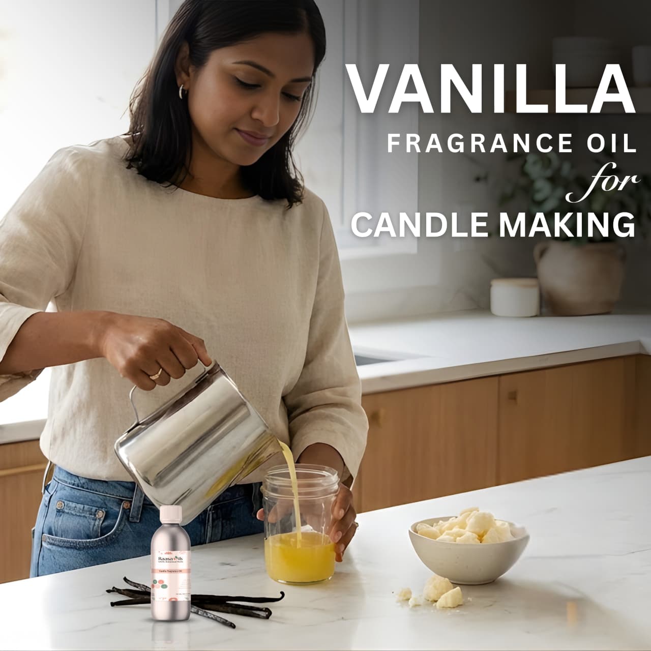 Woman pouring vanilla fragrance oil into a glass jar with text about vanilla fragrance oil for candle making.
