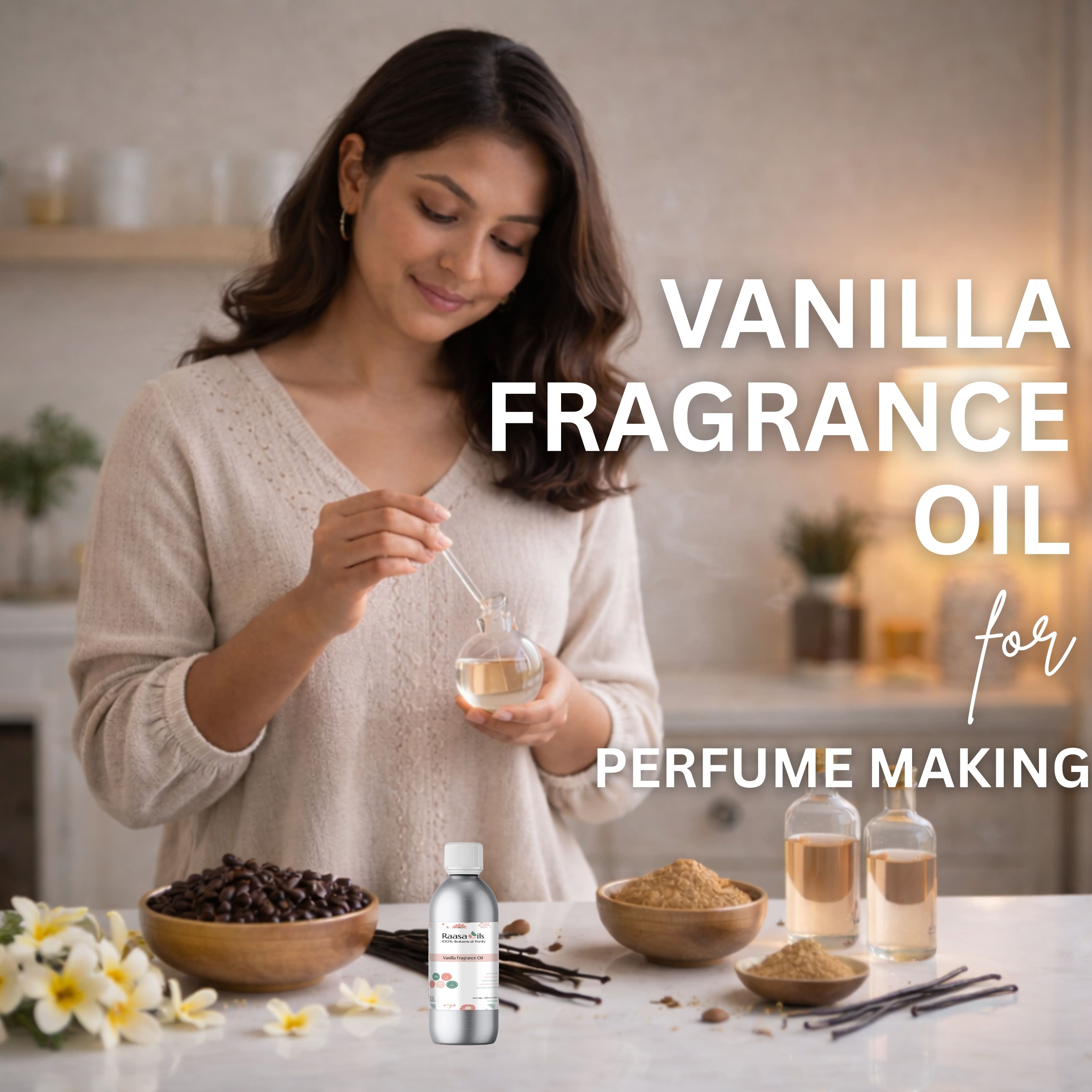 Woman preparing vanilla fragrance oil with ingredients on a table, text 'Vanilla Fragrance Oil for Perfume Making'.