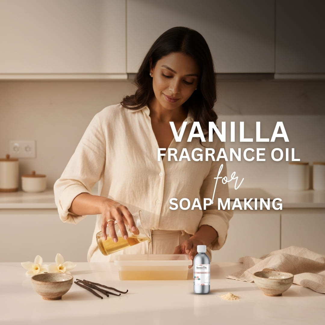 Woman in a kitchen preparing soap with vanilla fragrance oil, surrounded by vanilla beans and a bottle of vanilla fragrance oil.