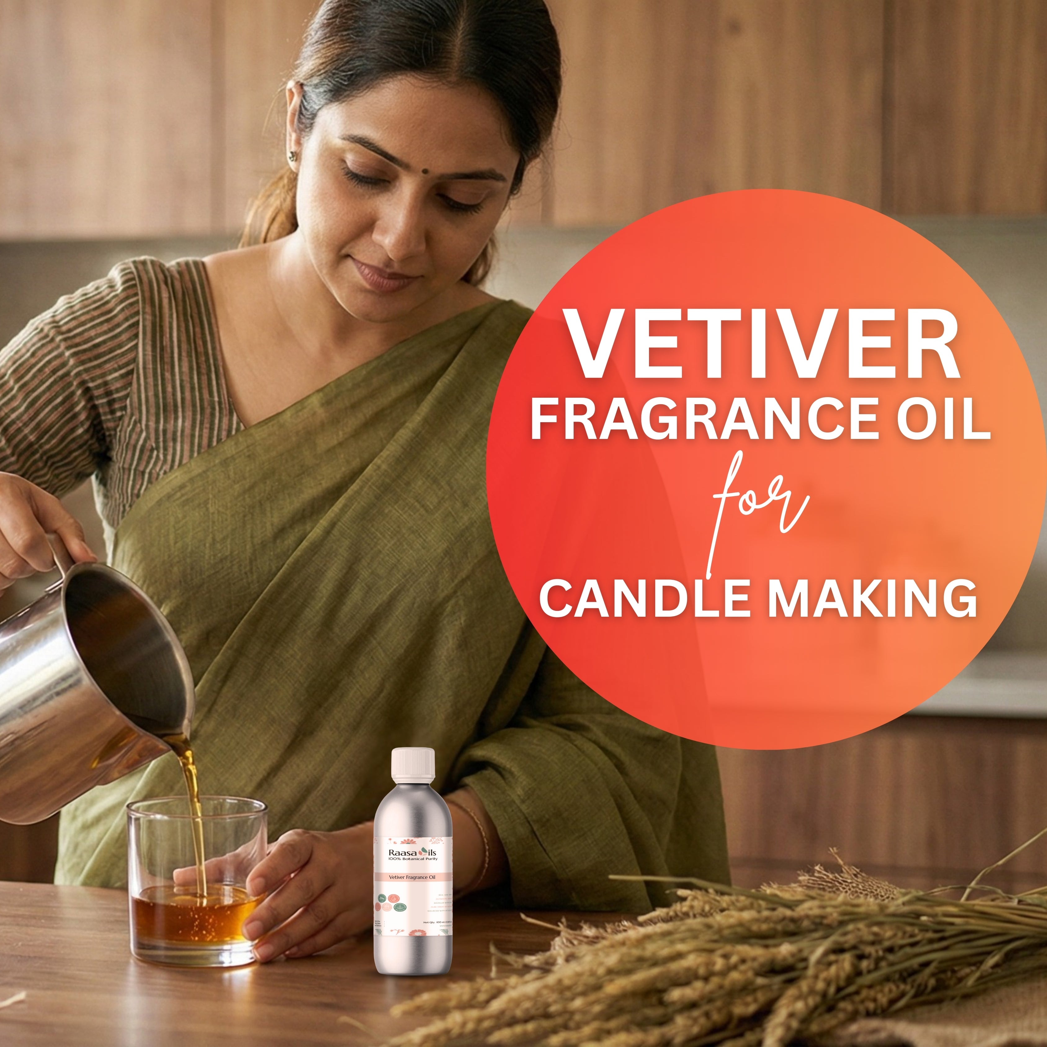 Woman pouring liquid into a glass with a bottle labeled 'Vetiver Fragrance Oil' for candle making.