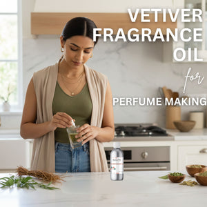 Woman in a kitchen preparing vetiver fragrance oil for perfume making.