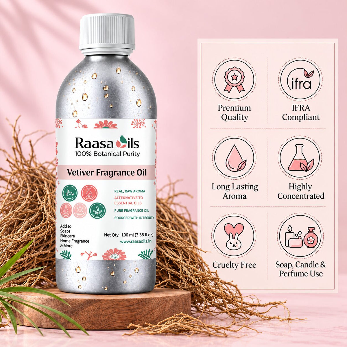 A bottle of Raasa Oils Vetiver Fragrance Oil displayed on a wooden block with dried grass, next to an informational graphic card highlighting product features on a soft pink background.