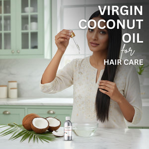 Woman holding a dropper with virgin coconut oil for hair care in a kitchen setting.