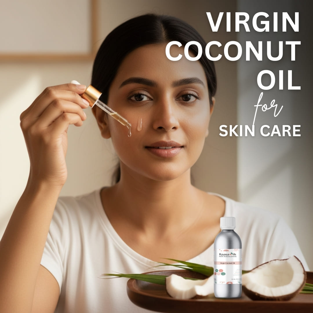 Woman holding a dropper with Virgin Coconut Oil for skin care, surrounded by coconuts and a bottle.