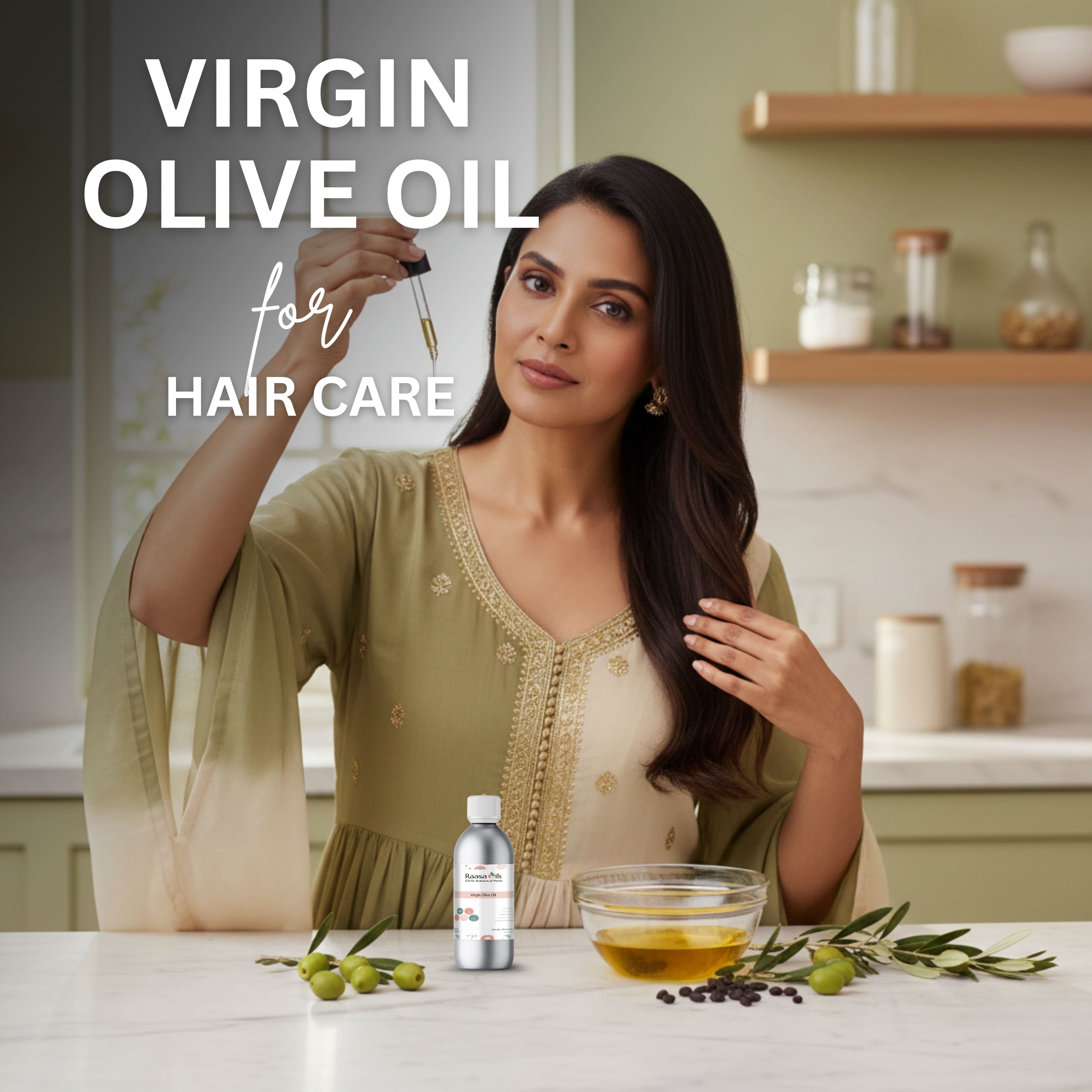 Woman using virgin olive oil for hair care in a kitchen setting