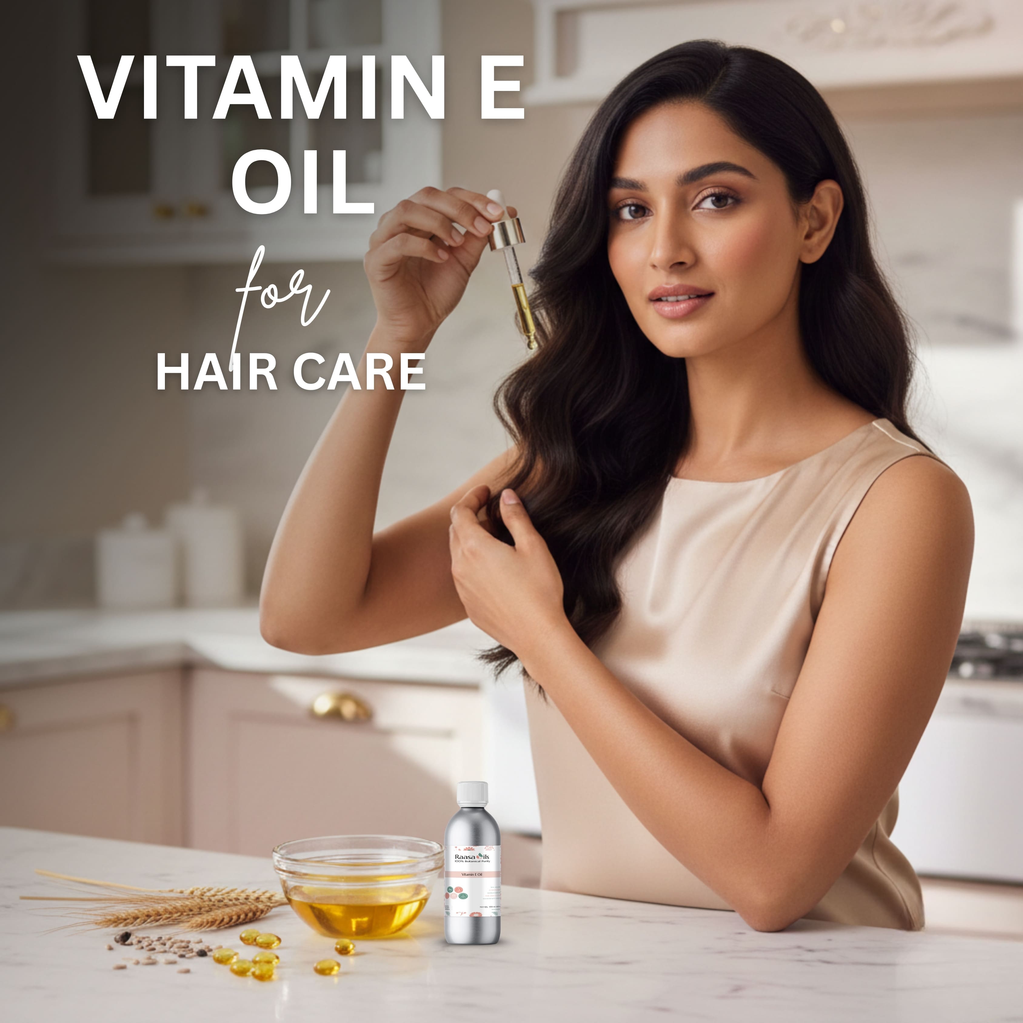 Woman using vitamin E oil for hair care in a kitchen setting