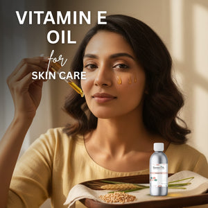 Woman applying vitamin E oil to her face with a dropper, next to a bottle of vitamin E oil on a tray.