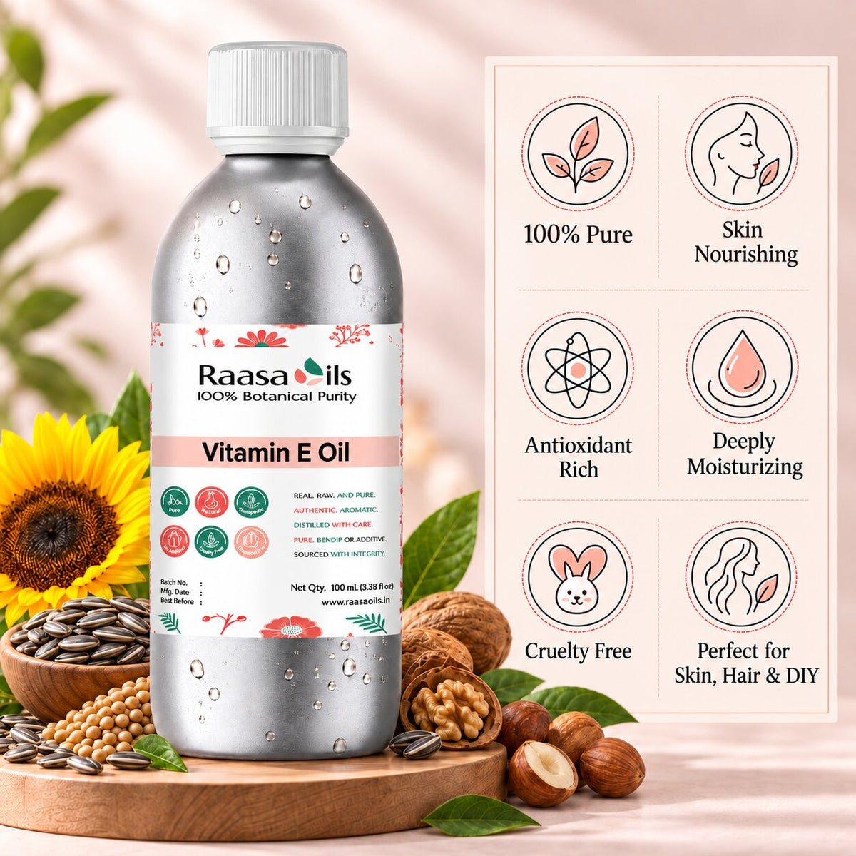 A bottle of Raasa oils Vitamin E Oil centered on a wooden board with sunflower, seeds, nuts, and leaves around it. A vertical panel on the right lists product benefits: 100% Pure, Skin Nourishing, Antioxidant Rich, Deeply Moisturizing, Cruelty Free, and Perfect for Skin, Hair & DIY.