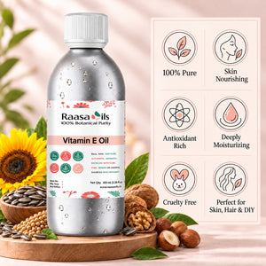 A bottle of Raasa oils Vitamin E Oil centered on a wooden board with sunflower, seeds, nuts, and leaves around it. A vertical panel on the right lists product benefits: 100% Pure, Skin Nourishing, Antioxidant Rich, Deeply Moisturizing, Cruelty Free, and Perfect for Skin, Hair & DIY.