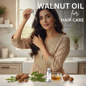 Woman with long hair holding a dropper of walnut oil in a kitchen setting, with text 'Walnut Oil for Hair Care'.