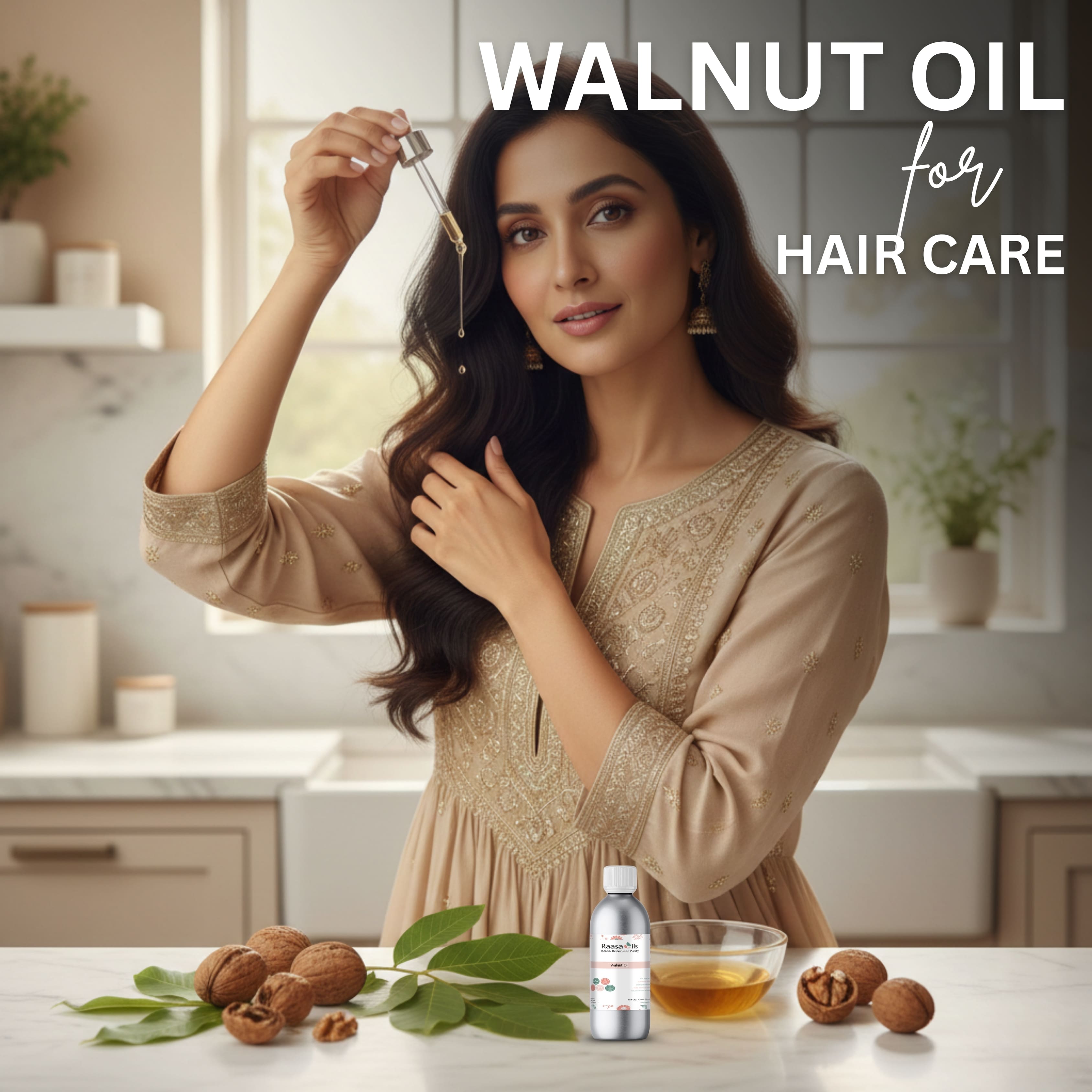Woman with long hair holding a dropper of walnut oil in a kitchen setting, with text 'Walnut Oil for Hair Care'.