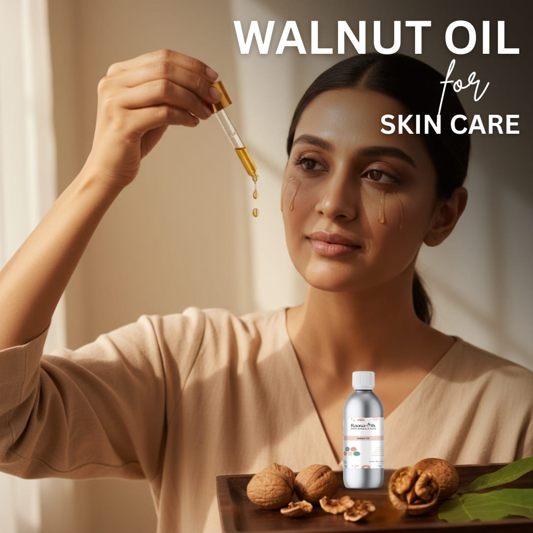 Woman holding a dropper with walnut oil over her face, surrounded by walnuts and a bottle of walnut oil on a wooden tray.