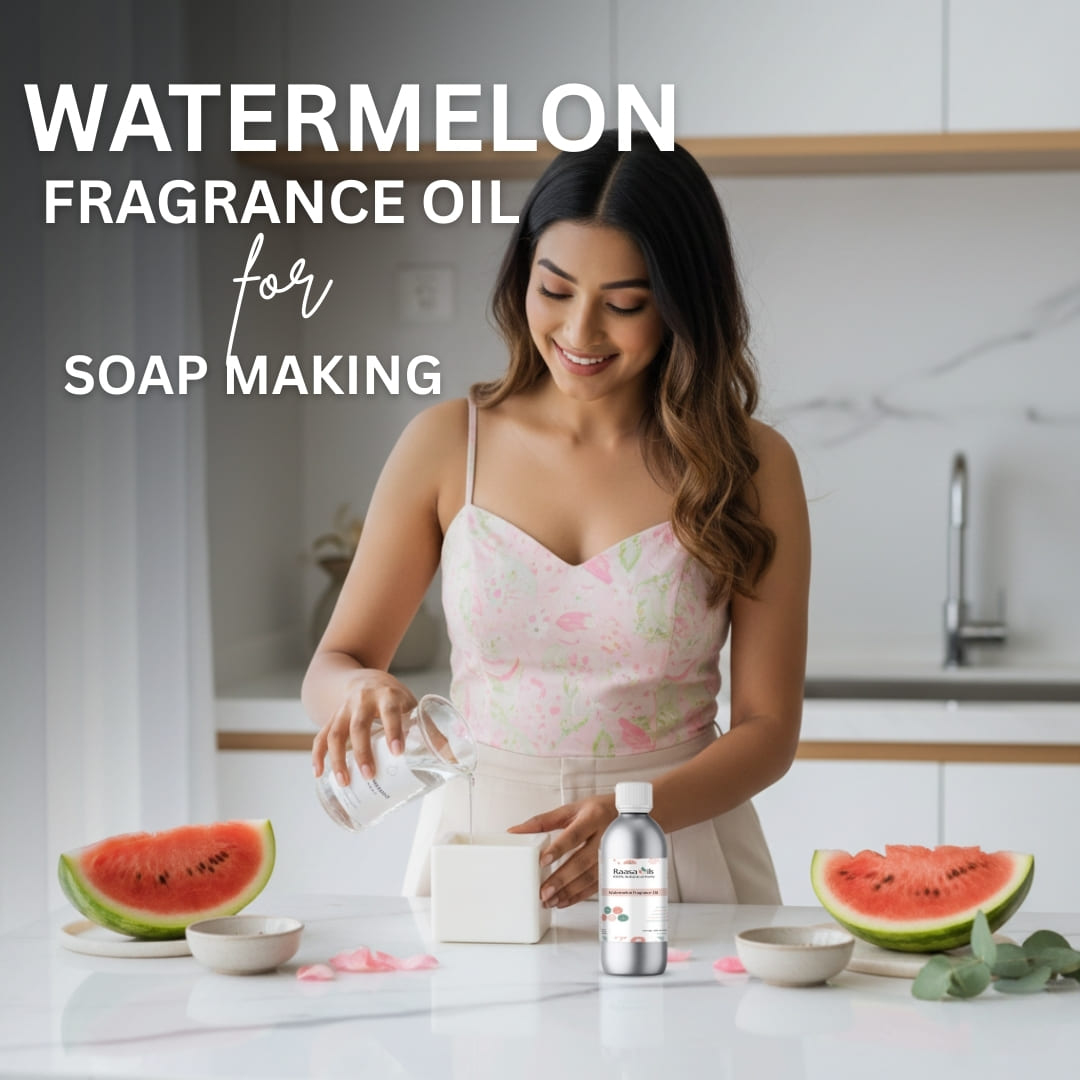 Woman in a kitchen preparing soap with watermelon fragrance oil, surrounded by watermelons.