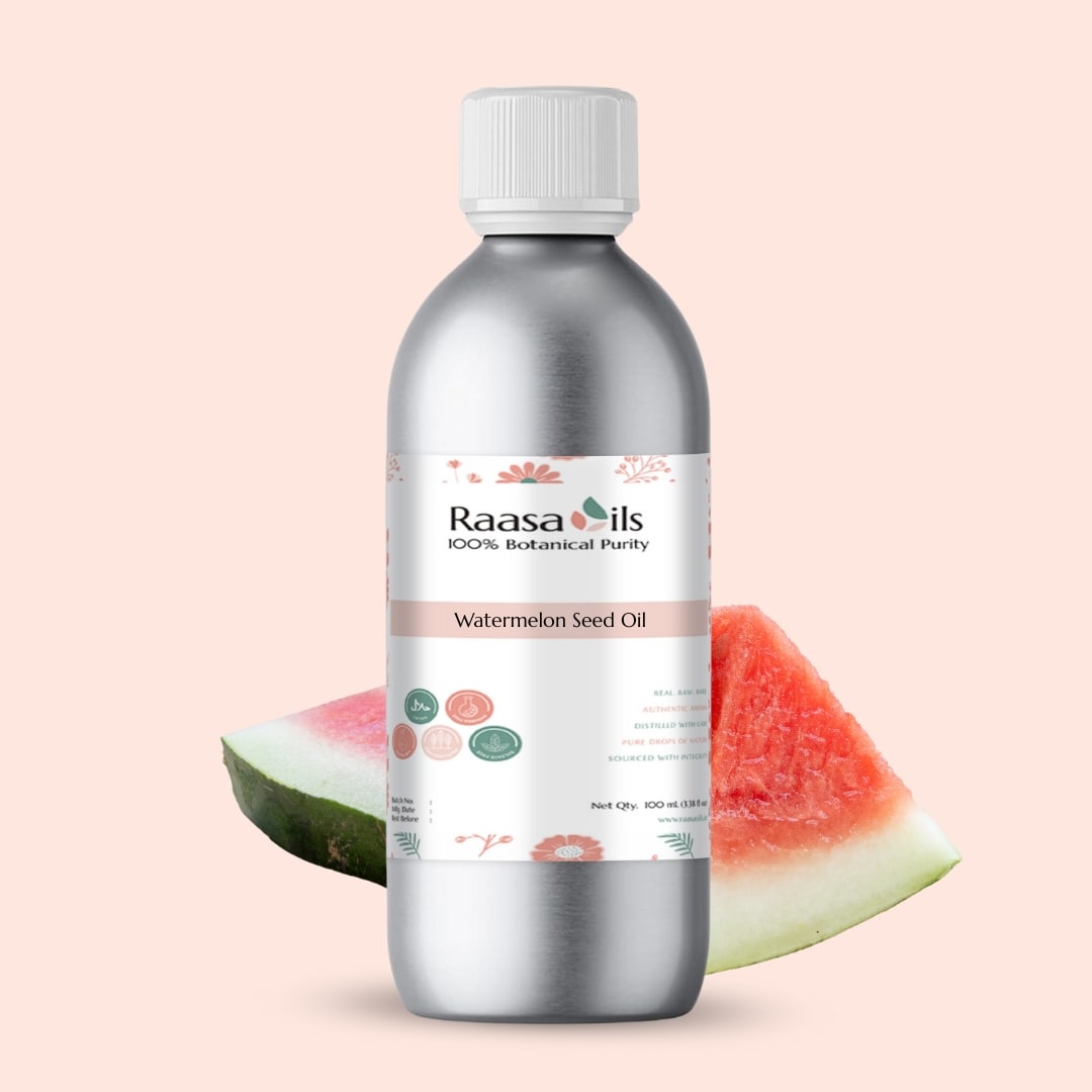 Bottle of Raasa Oils watermelon seed oil with a watermelon slice on a light pink background