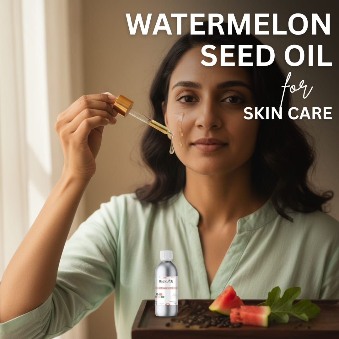 Woman applying watermelon seed oil to her face with text 'Watermelon Seed Oil for Skin Care'.