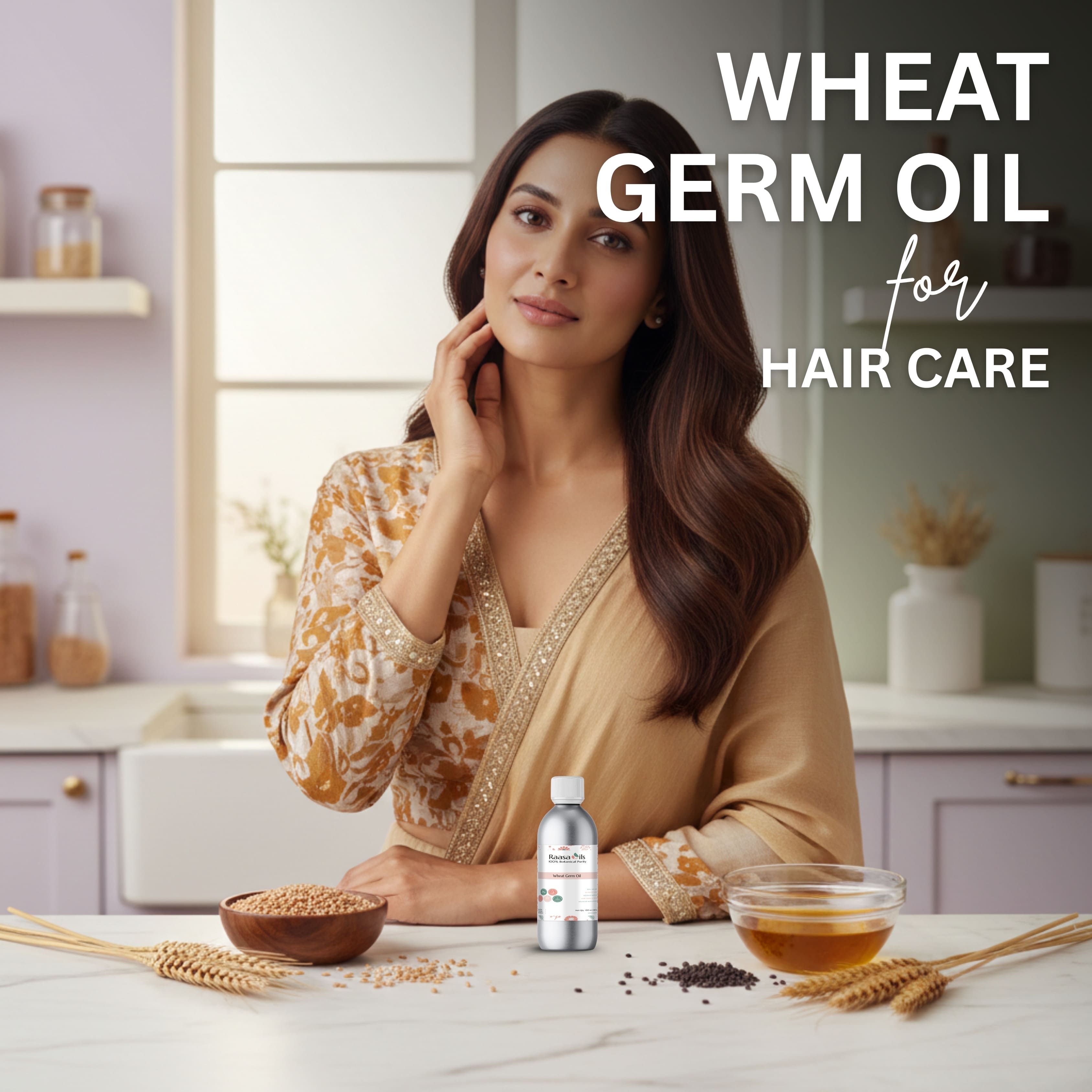 Woman with long hair in a kitchen setting with wheat germ oil products.