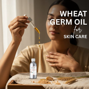 Woman holding wheat germ oil dropper with bottle and ingredients on a table, text 'Wheat Germ Oil for Skin Care'.