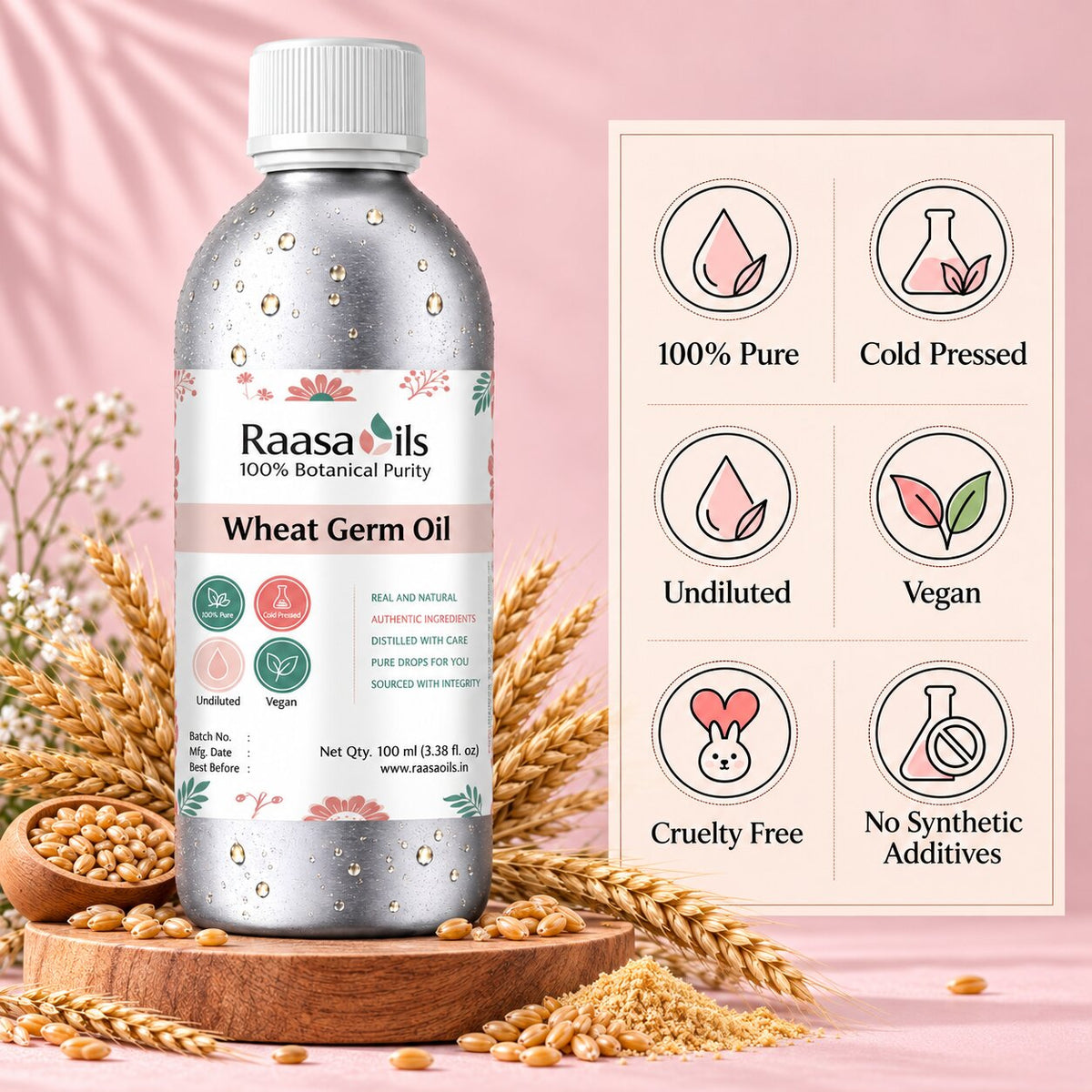A bottle of Raasa oils Wheat Germ Oil stands on a wooden tray surrounded by wheat stalks and seeds, with a pink background and a product information panel showing icons for 100% Pure, Cold Pressed, Undiluted, Vegan, Cruelty Free, and No Synthetic Additives.