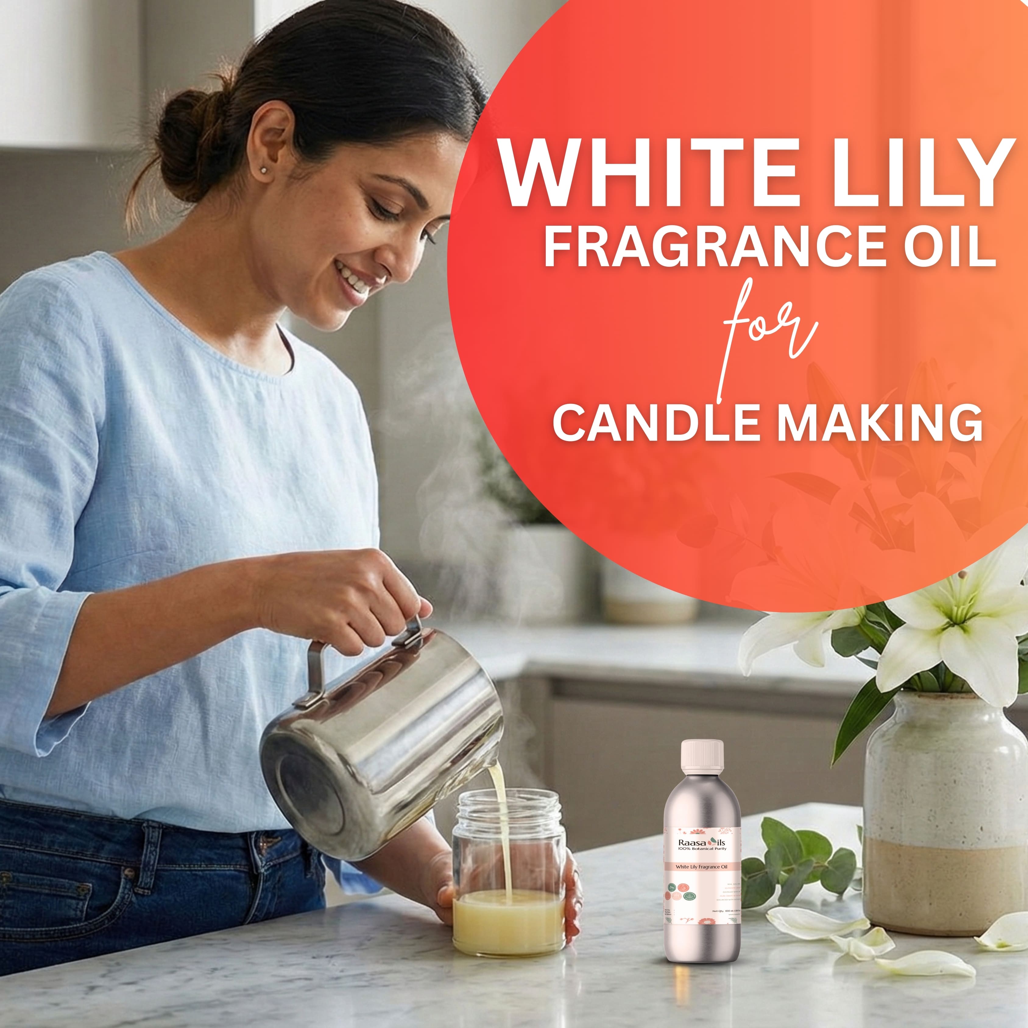 Woman pouring liquid into a jar with a bottle of white lily fragrance oil and flowers in the background.