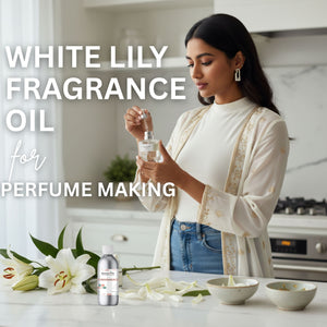 Woman holding a bottle of White Lily fragrance oil in a kitchen setting with text overlay.
