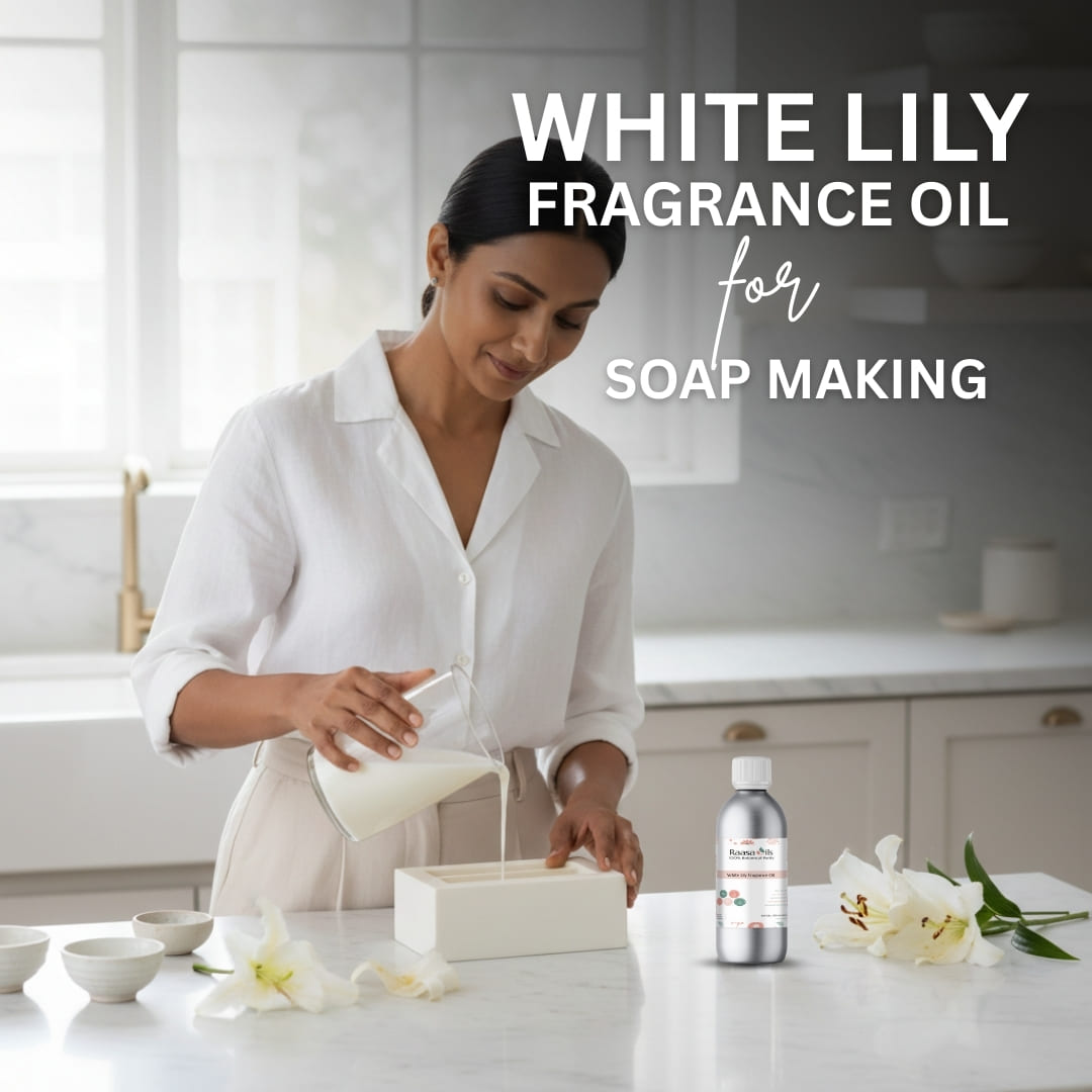 Woman making soap with White Lily fragrance oil in a kitchen setting