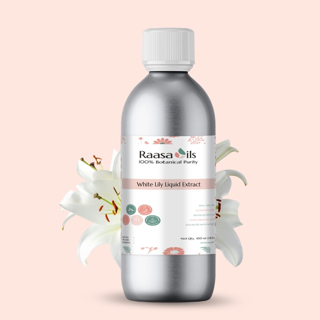 Bottle of Raasa Oils White Lily Liquid Extract on a light pink background