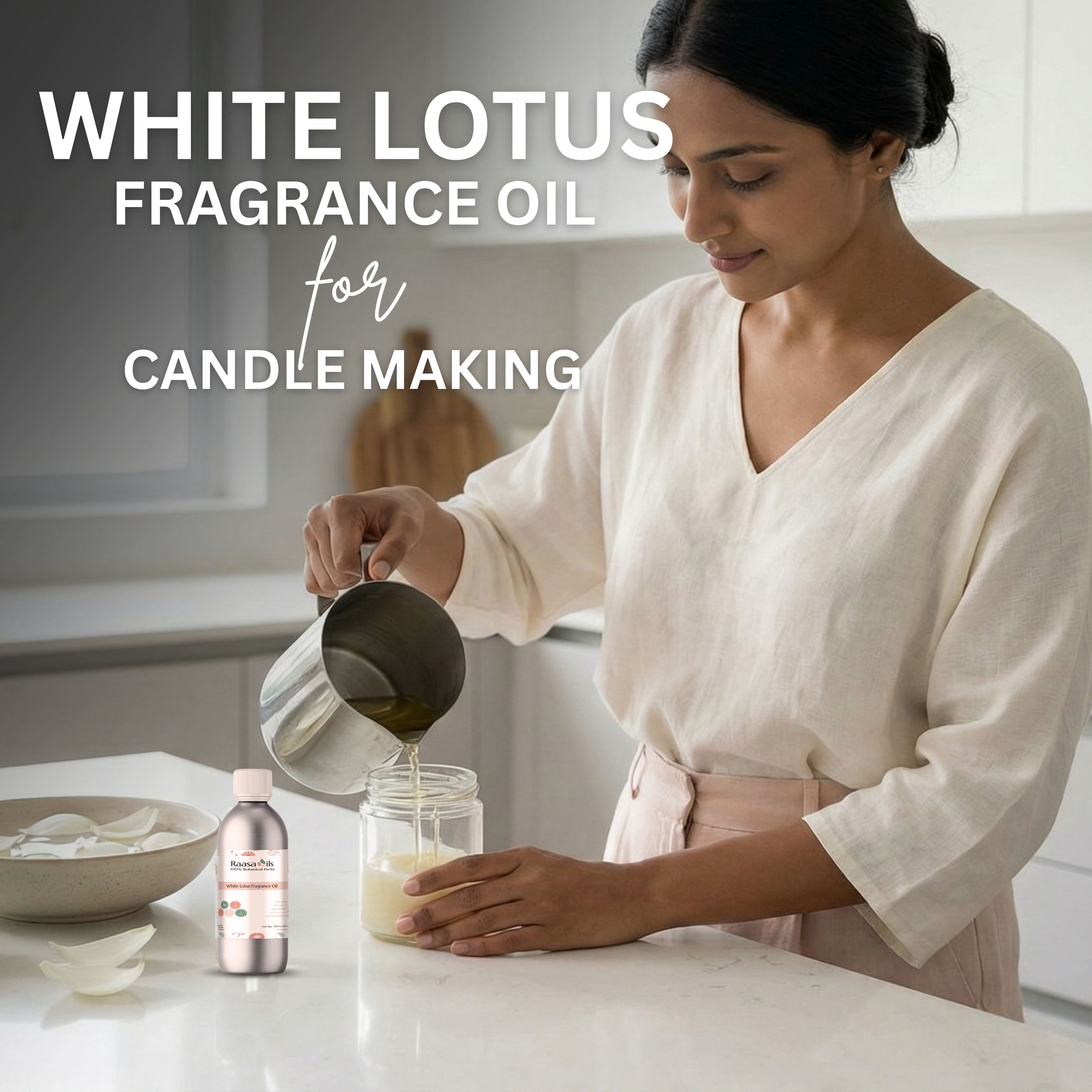 Woman pouring liquid into a jar with White Lotus fragrance oil bottle and text overlay.
