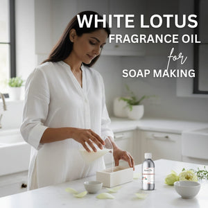 Woman in a kitchen preparing soap with White Lotus fragrance oil, surrounded by white and green elements.