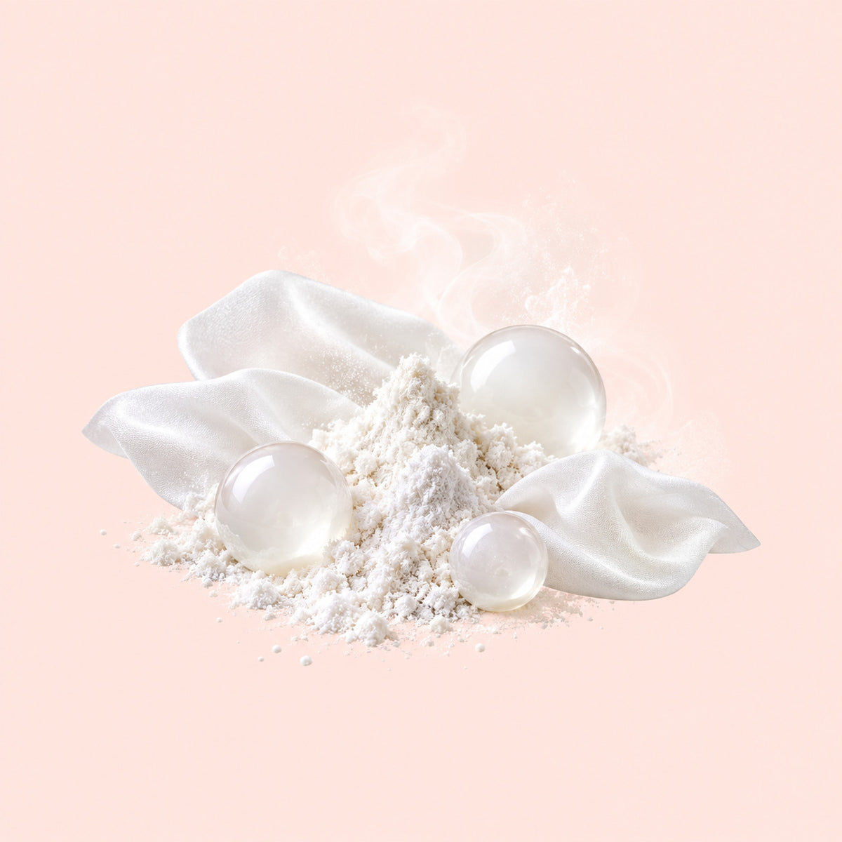 White cosmetic powder arranged in a small mound with three translucent glossy spheres and soft white fabric petals on a pale peach background.