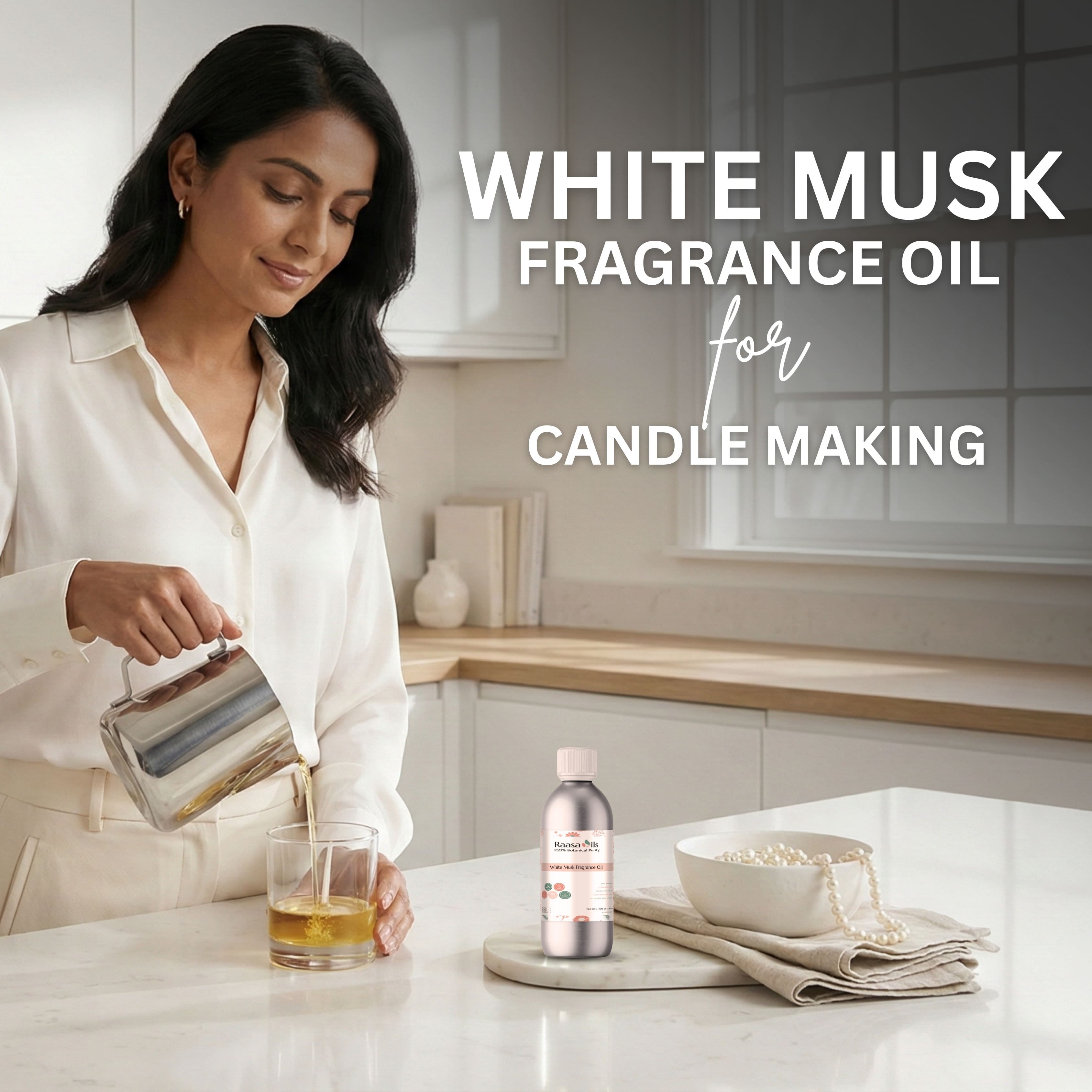 Woman in a kitchen pouring liquid into a glass with text about White Musk fragrance oil for candle making.