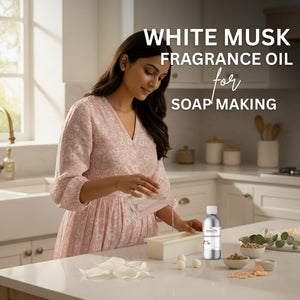 Woman in a kitchen with White Musk fragrance oil for soap making displayed.