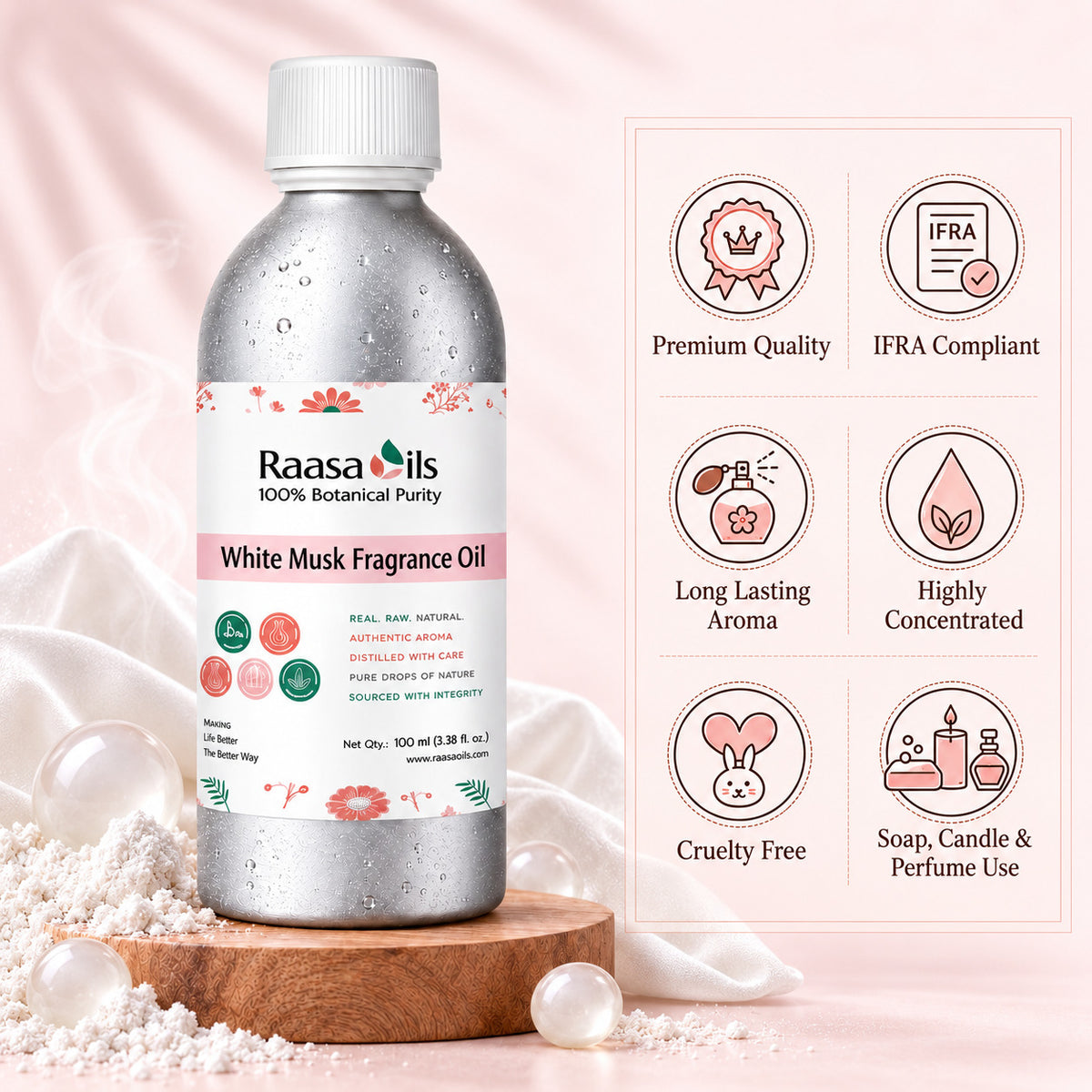 A bottle of Raasa Oils White Musk Fragrance Oil displayed on a wooden block with decorative pearls and powder, next to a feature infographic on a soft pink background.
