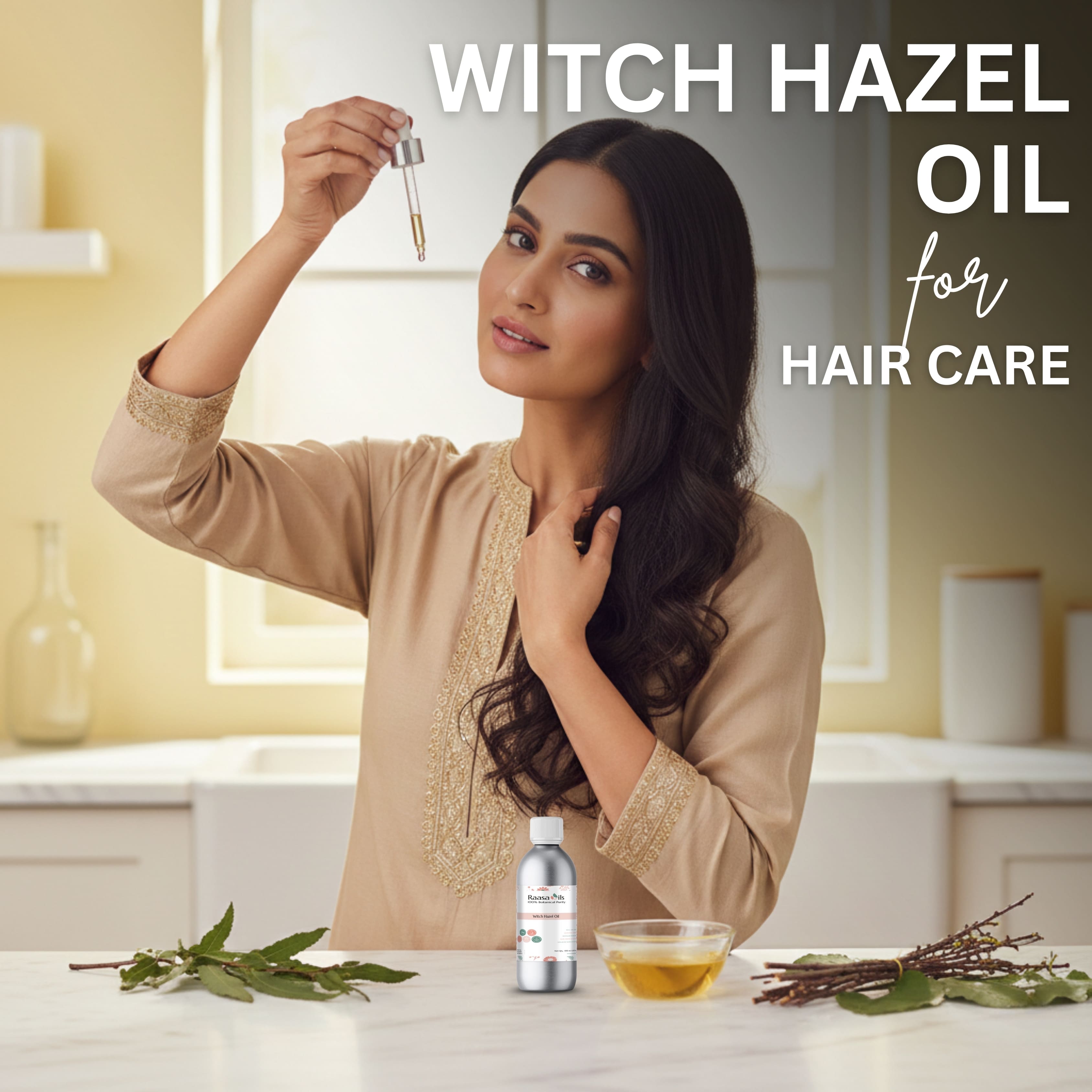 Woman holding witch hazel oil with text about its use for hair care in a kitchen setting.