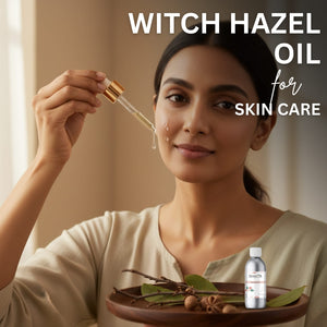 Woman using witch hazel oil for skin care with a bottle of witch hazel oil in the background.